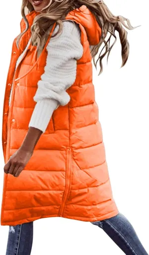 Orange Jacket Women's Long Quilted Vest Hooded Sleeveless Button Down Puff Vest Cotton Padded Jacket Winter Coat