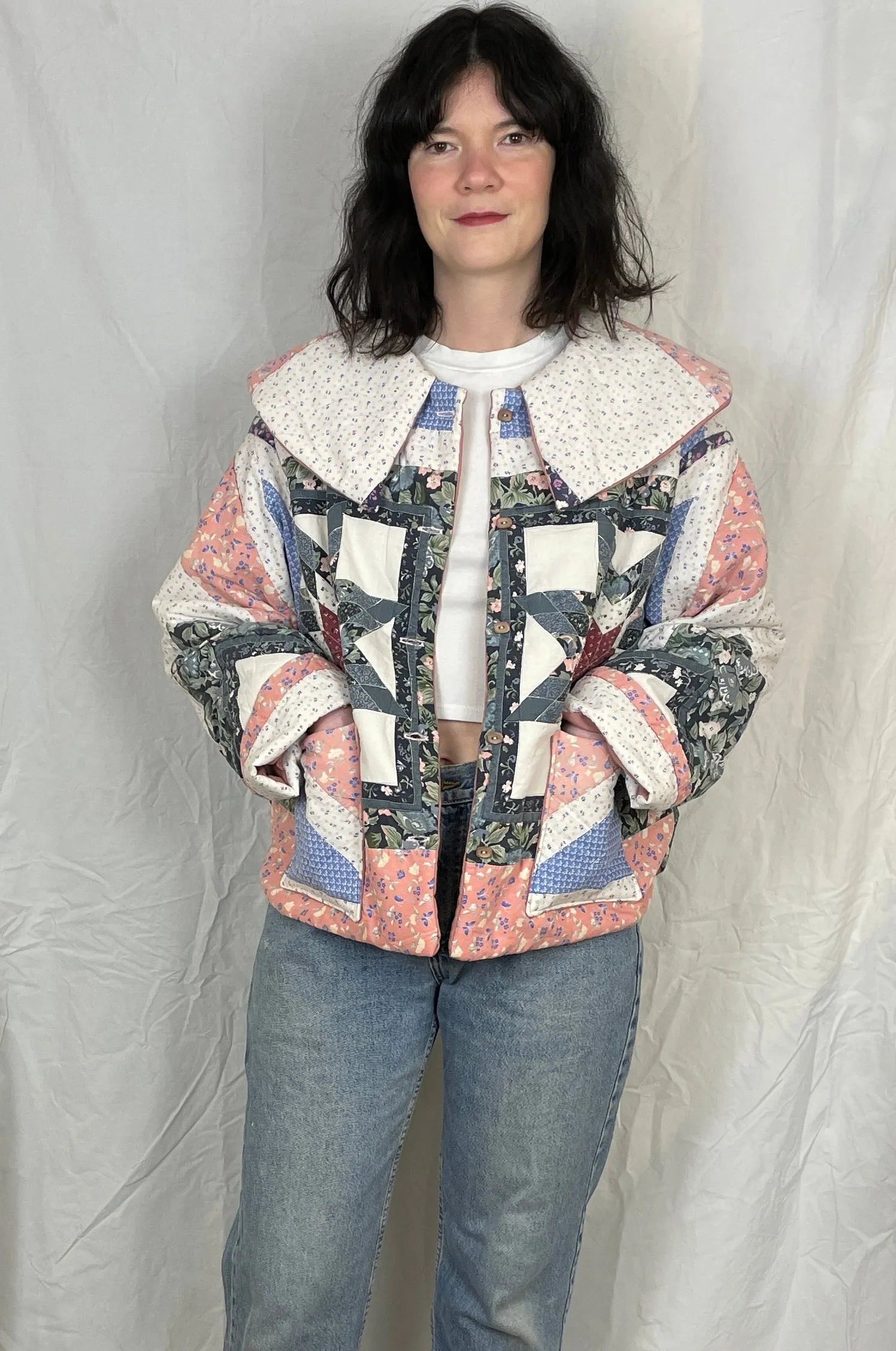 Penny Handmade Blue and Pink Patchwork Quilted Jacket - Up To Size 14