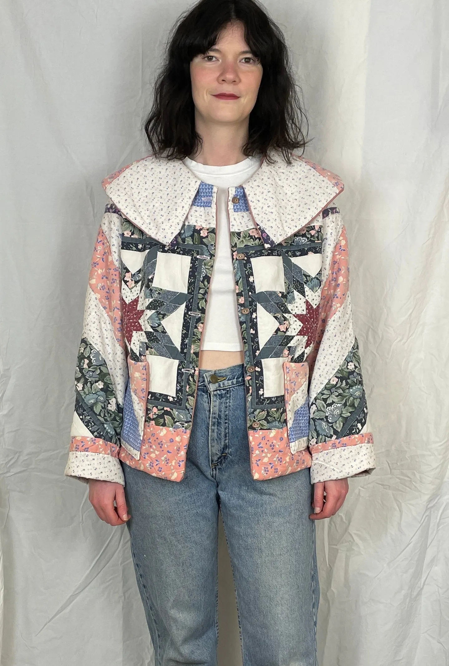 Penny Handmade Blue and Pink Patchwork Quilted Jacket - Up To Size 14