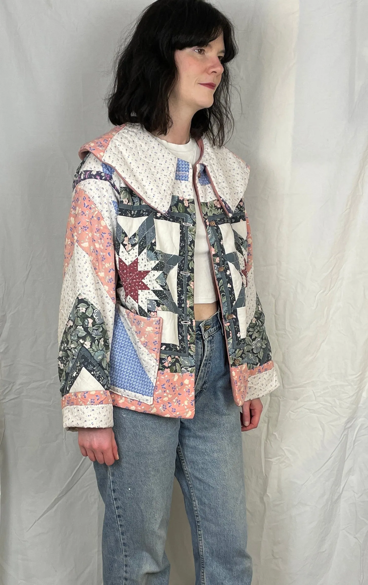 Penny Handmade Blue and Pink Patchwork Quilted Jacket - Up To Size 14
