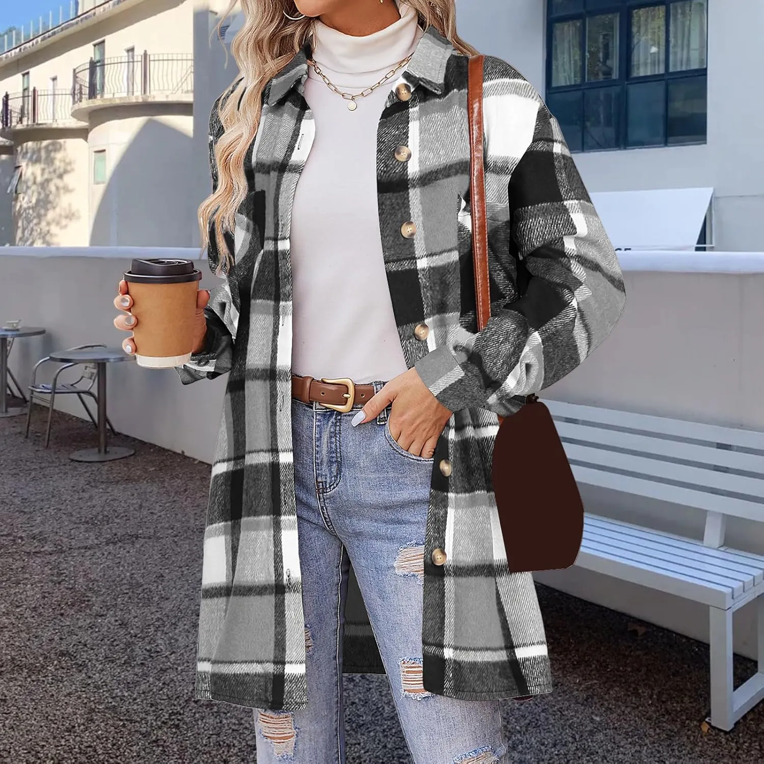 Plaid Shirts for Women Oversized Long Trench Coat Button Down Shirt Lightweight Long Sleeve Outerwear Winter Trendy