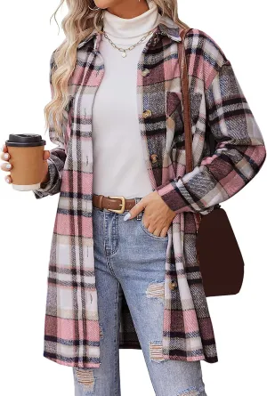 Plaid Shirts for Women Oversized Long Trench Coat Button Down Shirt Lightweight Long Sleeve Outerwear Winter Trendy