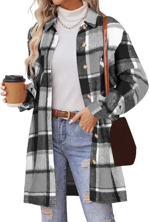 Plaid Shirts for Women Oversized Long Trench Coat Button Down Shirt Lightweight Long Sleeve Outerwear Winter Trendy