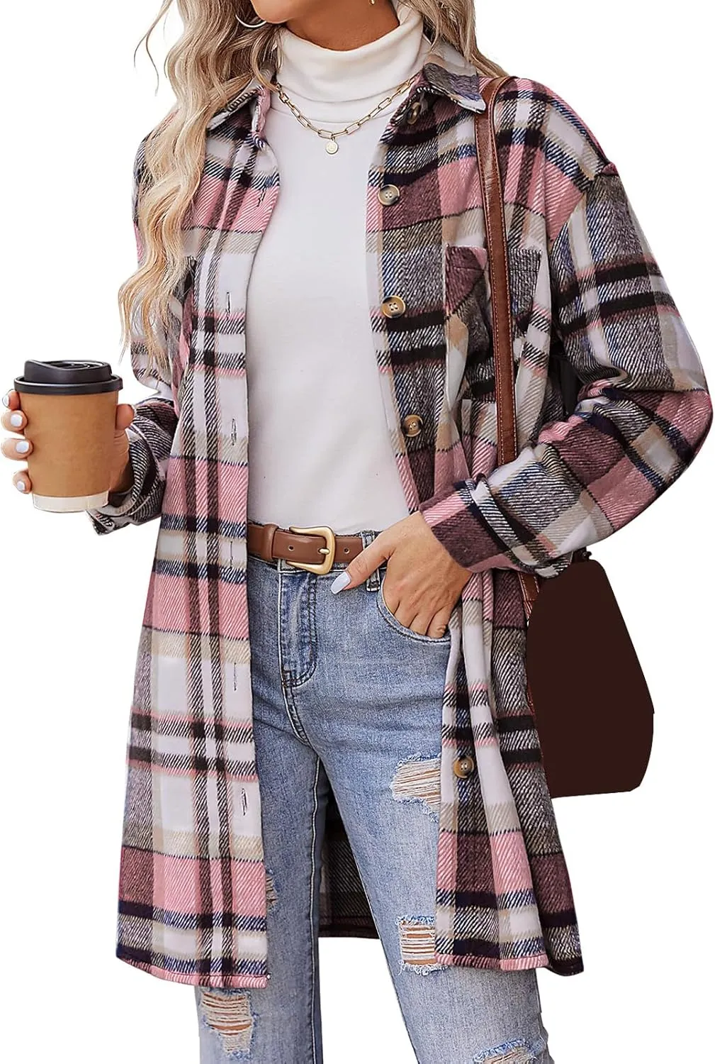 Plaid Shirts for Women Oversized Long Trench Coat Button Down Shirt Lightweight Long Sleeve Outerwear Winter Trendy