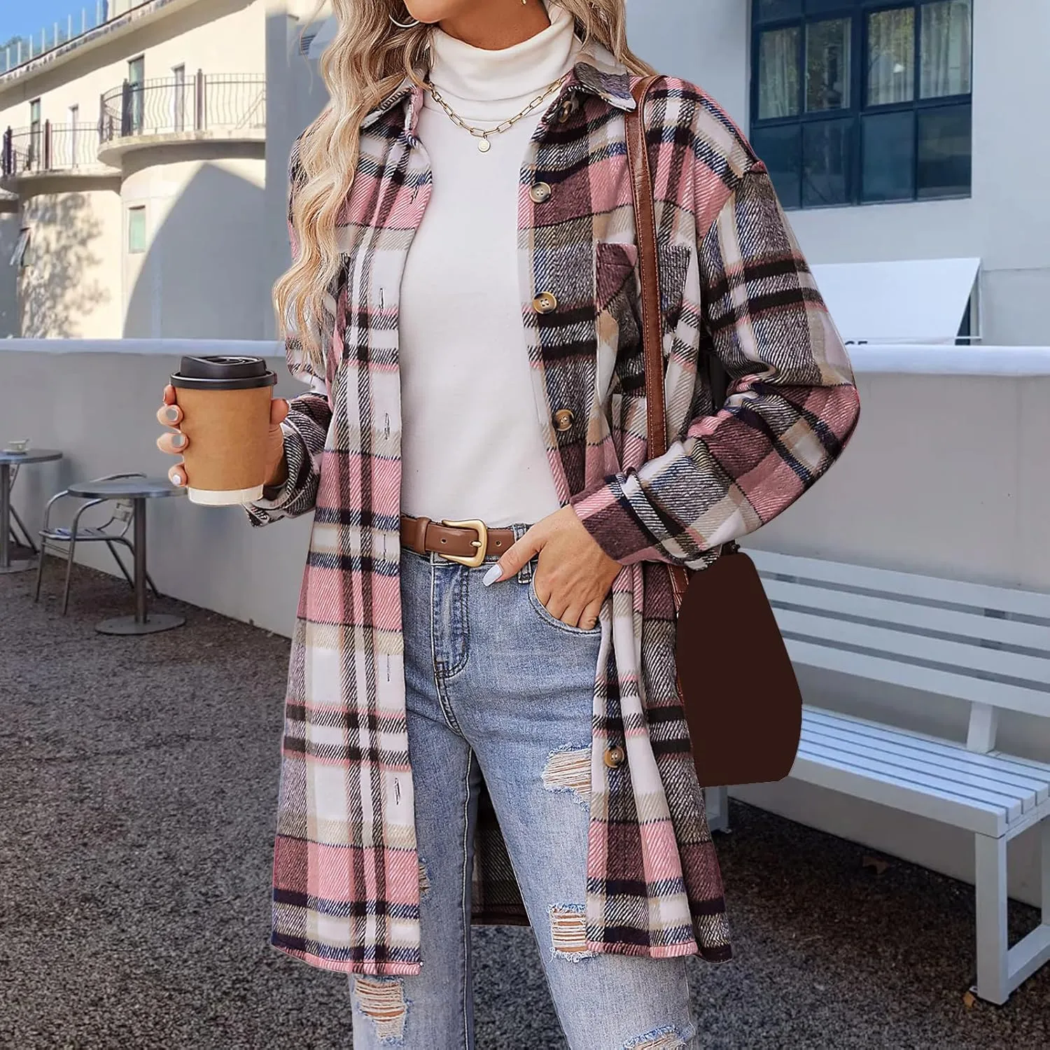 Plaid Shirts for Women Oversized Long Trench Coat Button Down Shirt Lightweight Long Sleeve Outerwear Winter Trendy