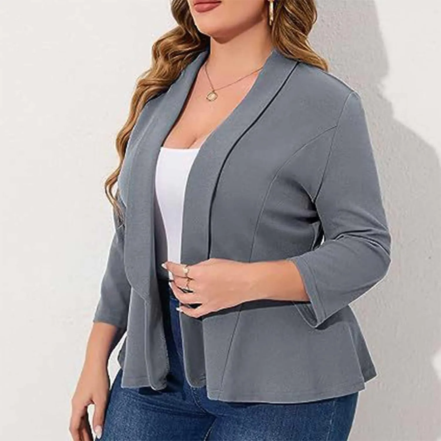 Plus Size Cardigan for Women 3/4 Sleeve Casual Open Front Lightweight Ruffled Hem Cover Up Jacket Coat Solid Color