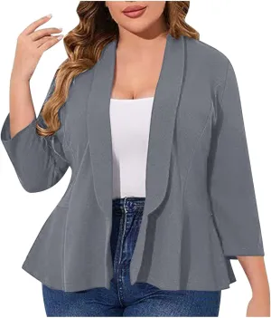 Plus Size Cardigan for Women 3/4 Sleeve Casual Open Front Lightweight Ruffled Hem Cover Up Jacket Coat Solid Color