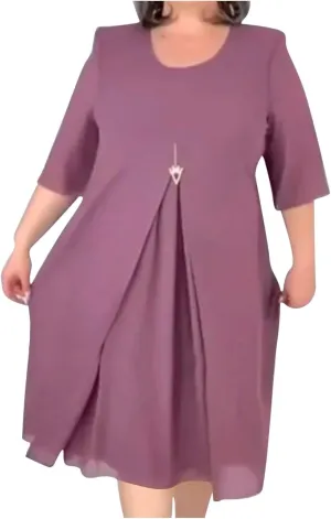 Plus Size Dresses for Women Solid Color Crewneck 3/4 Sleeve Summer Midi Dress Elegant Casual Pleated Chiffon Dress
