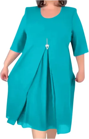 Plus Size Dresses for Women Solid Color Crewneck 3/4 Sleeve Summer Midi Dress Elegant Casual Pleated Chiffon Dress