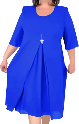 Plus Size Dresses for Women Solid Color Crewneck 3/4 Sleeve Summer Midi Dress Elegant Casual Pleated Chiffon Dress
