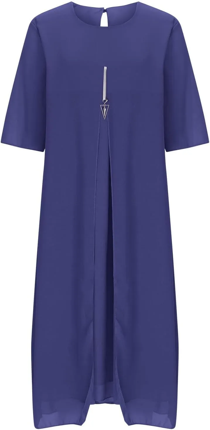 Plus Size Dresses for Women Solid Color Crewneck 3/4 Sleeve Summer Midi Dress Elegant Casual Pleated Chiffon Dress