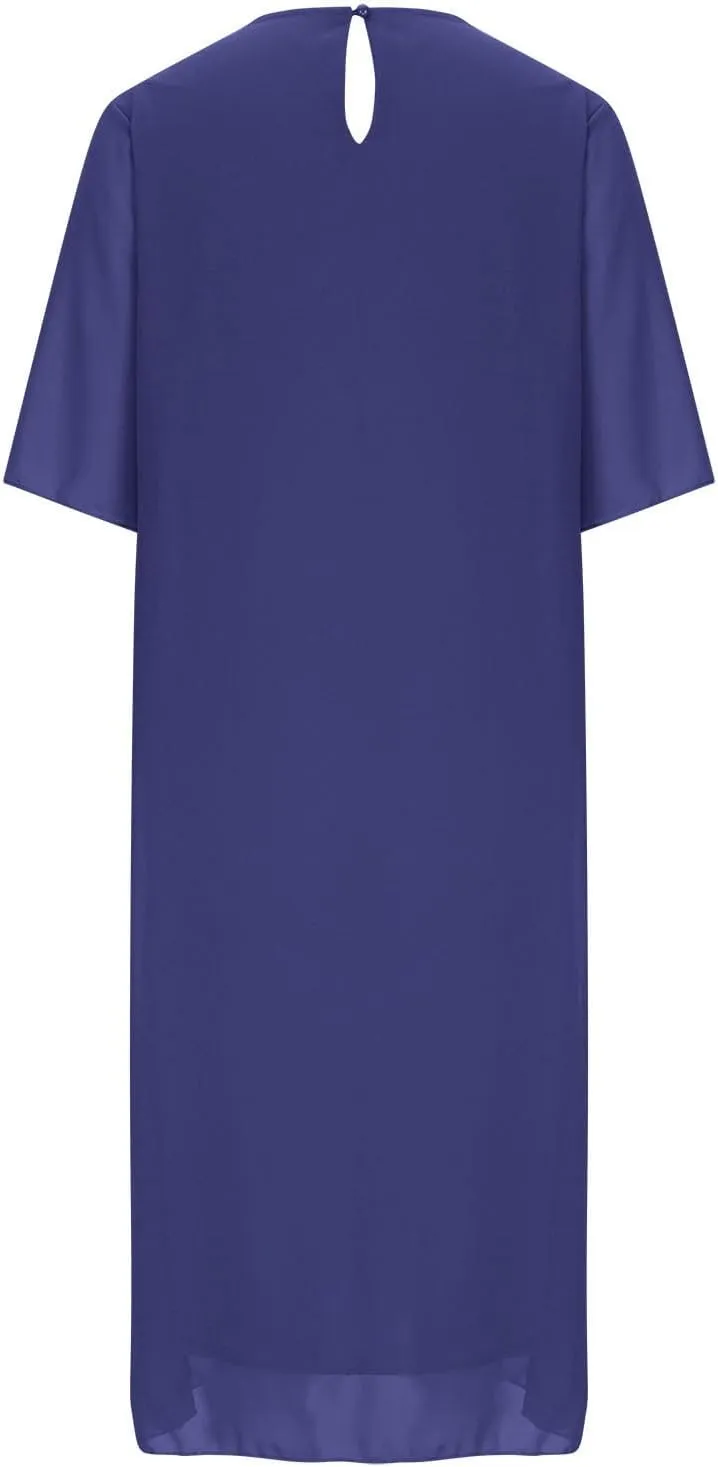 Plus Size Dresses for Women Solid Color Crewneck 3/4 Sleeve Summer Midi Dress Elegant Casual Pleated Chiffon Dress