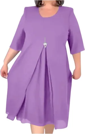 Plus Size Dresses for Women Solid Color Crewneck 3/4 Sleeve Summer Midi Dress Elegant Casual Pleated Chiffon Dress