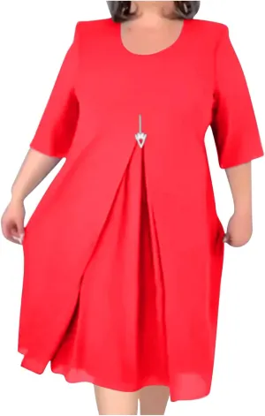 Plus Size Dresses for Women Solid Color Crewneck 3/4 Sleeve Summer Midi Dress Elegant Casual Pleated Chiffon Dress