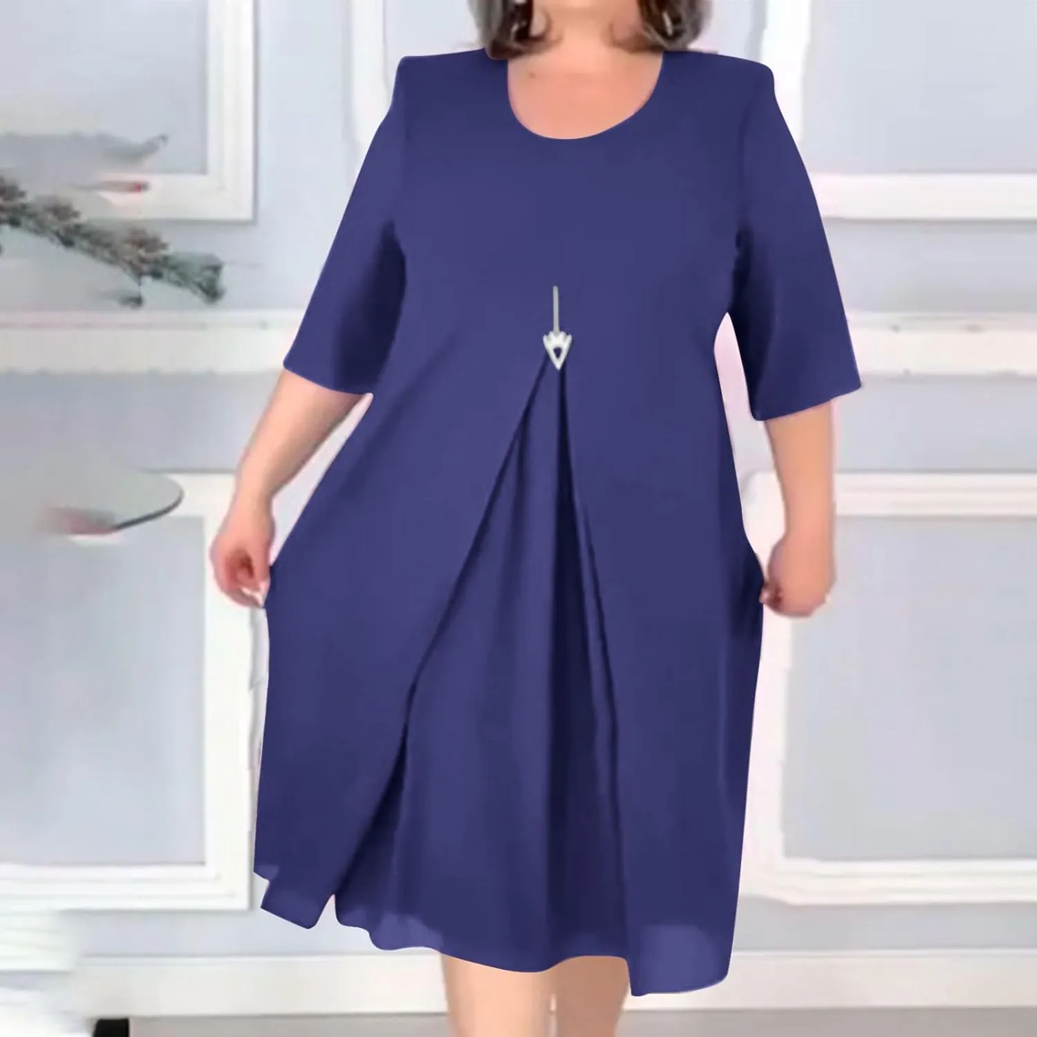 Plus Size Dresses for Women Solid Color Crewneck 3/4 Sleeve Summer Midi Dress Elegant Casual Pleated Chiffon Dress