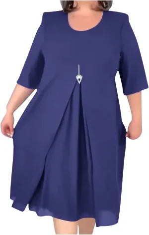 Plus Size Dresses for Women Solid Color Crewneck 3/4 Sleeve Summer Midi Dress Elegant Casual Pleated Chiffon Dress
