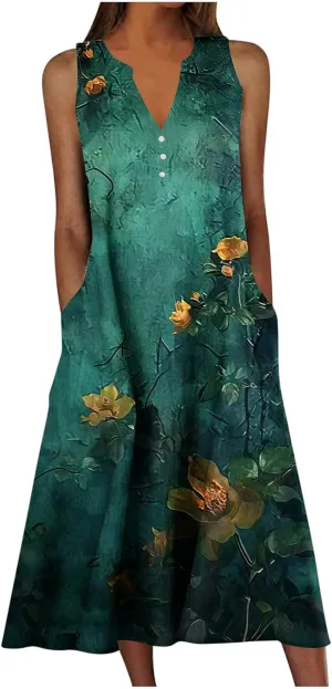 Plus Size Dresses Women's Vintage Boho Print Tank Sundress Sleeveless Trendy Fashion Elegant Casual Loose Beach Dress