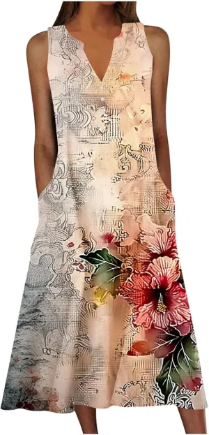Plus Size Dresses Women's Vintage Boho Print Tank Sundress Sleeveless Trendy Fashion Elegant Casual Loose Beach Dress