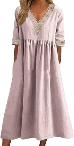 Plus Size Womens Summer Dresses V Neck Solid Color Hollow Lace Dress Short Sleeve Flowy Maxi Dress with Pockets