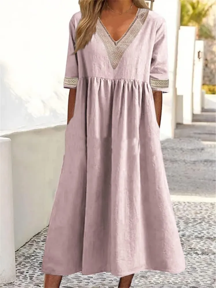 Plus Size Womens Summer Dresses V Neck Solid Color Hollow Lace Dress Short Sleeve Flowy Maxi Dress with Pockets