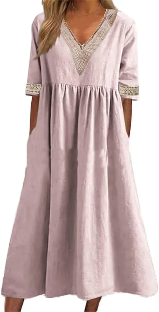 Plus Size Womens Summer Dresses V Neck Solid Color Hollow Lace Dress Short Sleeve Flowy Maxi Dress with Pockets