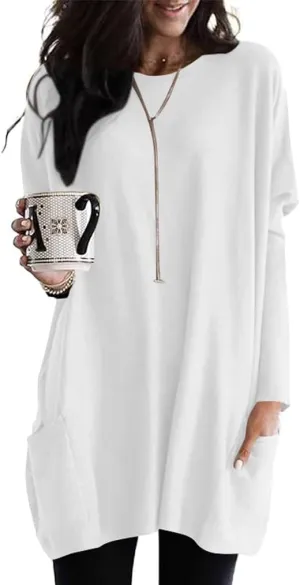 Poetsky Fall Womens Tunic or Tops to Wear with Leggings Long Sleeve Casual Long Shirts with Pockets
