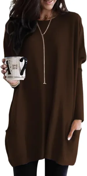 Poetsky Fall Womens Tunic or Tops to Wear with Leggings Long Sleeve Casual Long Shirts with Pockets