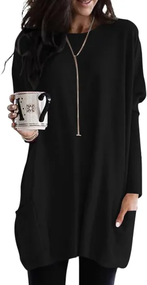 Poetsky Fall Womens Tunic or Tops to Wear with Leggings Long Sleeve Casual Long Shirts with Pockets
