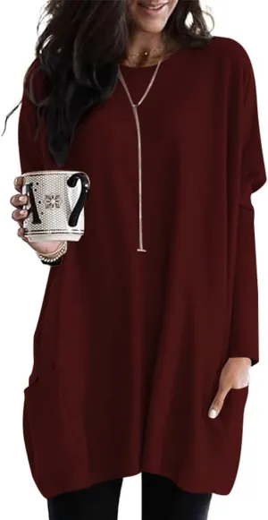 Poetsky Fall Womens Tunic or Tops to Wear with Leggings Long Sleeve Casual Long Shirts with Pockets