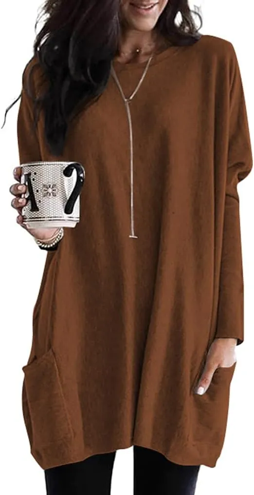 Poetsky Fall Womens Tunic or Tops to Wear with Leggings Long Sleeve Casual Long Shirts with Pockets