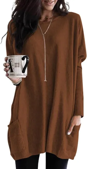Poetsky Fall Womens Tunic or Tops to Wear with Leggings Long Sleeve Casual Long Shirts with Pockets
