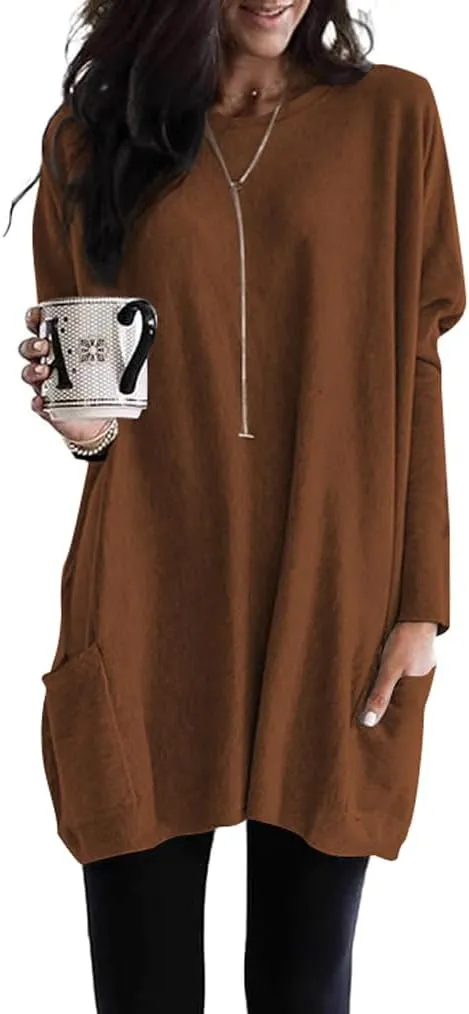 Poetsky Fall Womens Tunic or Tops to Wear with Leggings Long Sleeve Casual Long Shirts with Pockets