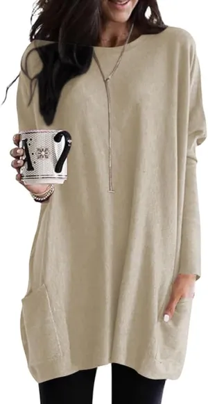 Poetsky Fall Womens Tunic or Tops to Wear with Leggings Long Sleeve Casual Long Shirts with Pockets