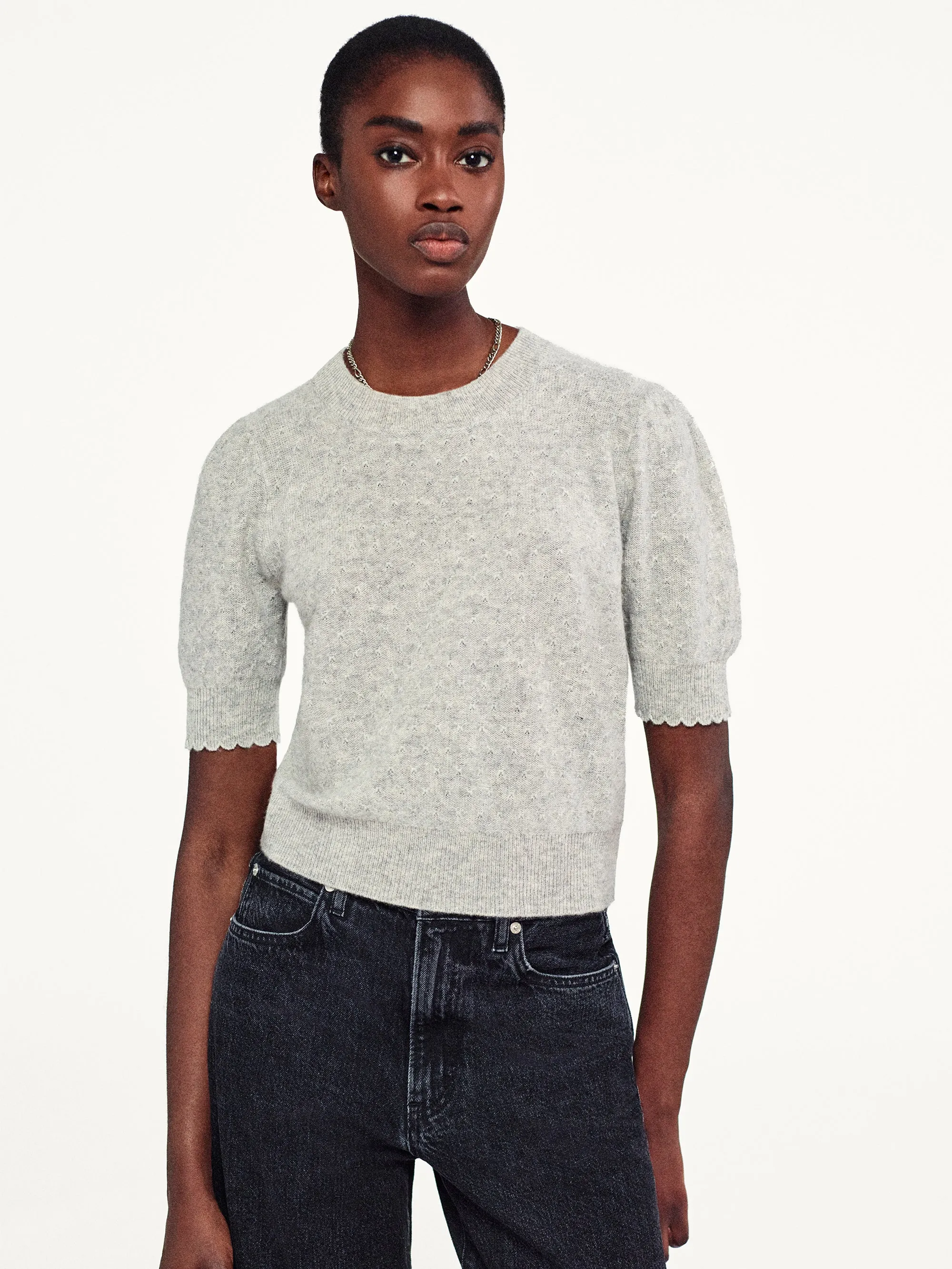Pointelle Puff Sleeve Sweater -- Light Heather Grey