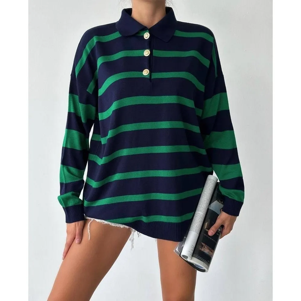 Polo Neck Striped Knit Sweater Green-Dark Blue