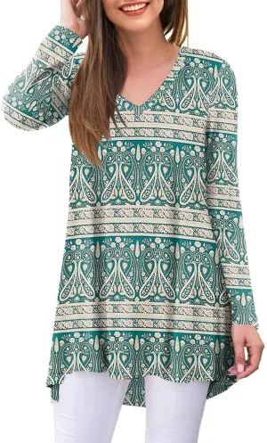 POPYOUNG Women's Fall Long Sleeve Tunic Tops for Leggings V-Neck Casual Blouse T-Shirt