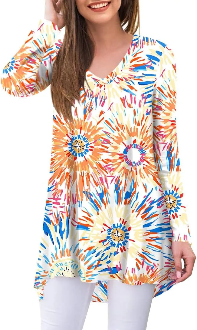 POPYOUNG Women's Fall Long Sleeve Tunic Tops for Leggings V-Neck Casual Blouse T-Shirt