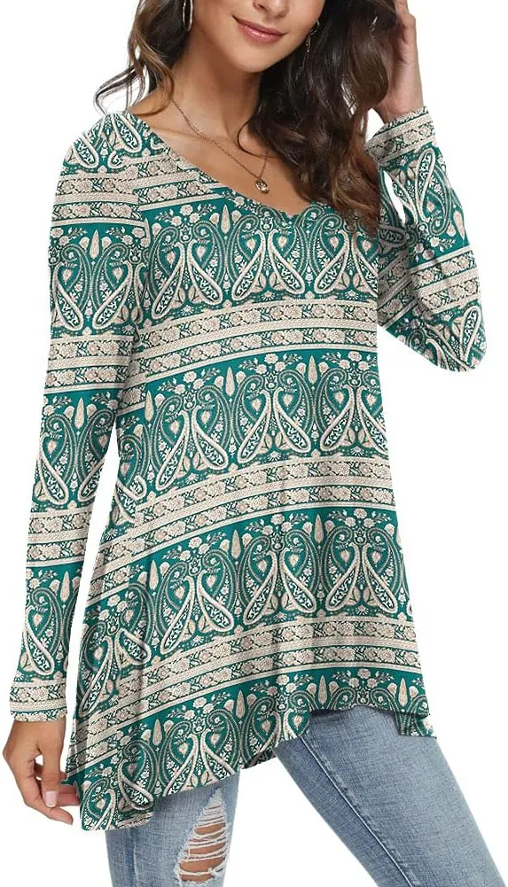 POPYOUNG Women's Fall Long Sleeve Tunic Tops for Leggings V-Neck Casual Blouse T-Shirt