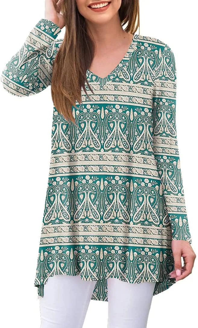 POPYOUNG Women's Fall Long Sleeve Tunic Tops for Leggings V-Neck Casual Blouse T-Shirt