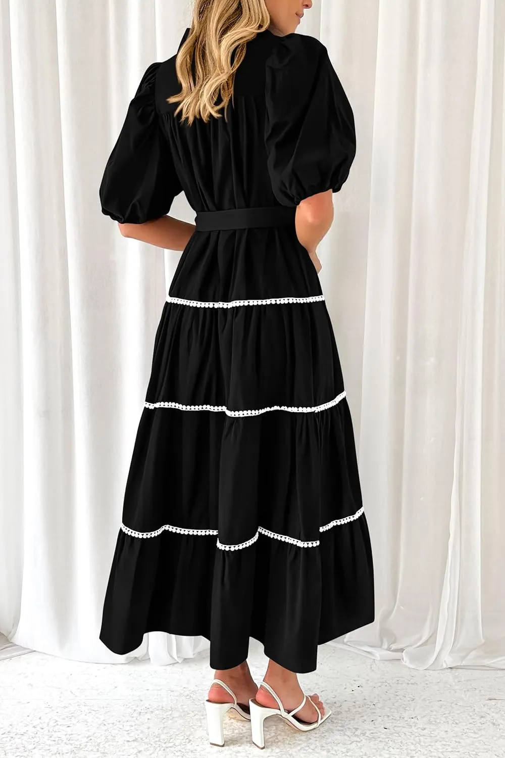 PRETTYGARDEN Women's Summer Button Down Shirt Dress Short Puffy Sleeve Tiered Ruffle Flowy Long Maxi Dresses