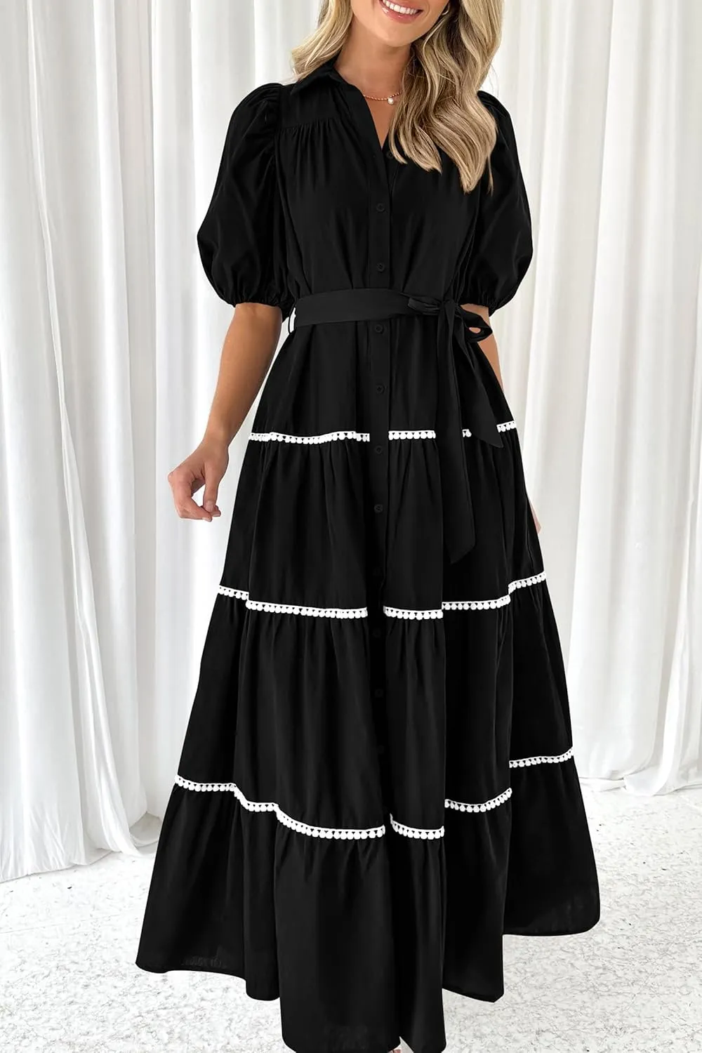 PRETTYGARDEN Women's Summer Button Down Shirt Dress Short Puffy Sleeve Tiered Ruffle Flowy Long Maxi Dresses