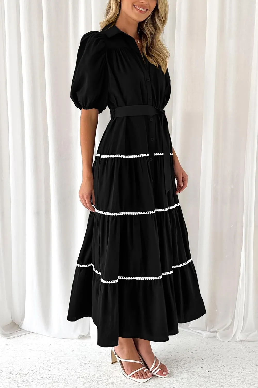 PRETTYGARDEN Women's Summer Button Down Shirt Dress Short Puffy Sleeve Tiered Ruffle Flowy Long Maxi Dresses