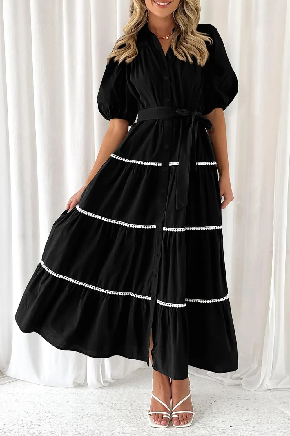 PRETTYGARDEN Women's Summer Button Down Shirt Dress Short Puffy Sleeve Tiered Ruffle Flowy Long Maxi Dresses