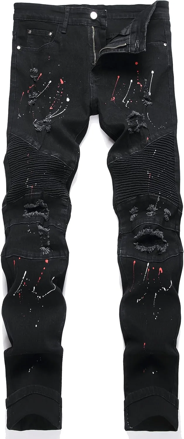 QIMYUM Men's Slim Fit Jeans Ripped Skinny Jeans for Men, Fashion Biker Jeans Stretch Moto Cargo Denim Pants