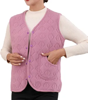 Quilted Puffer Vest for Women Button Down V Neck Coats Casual Sleeveless Padded Cotton Coats Warm Winter Gilet