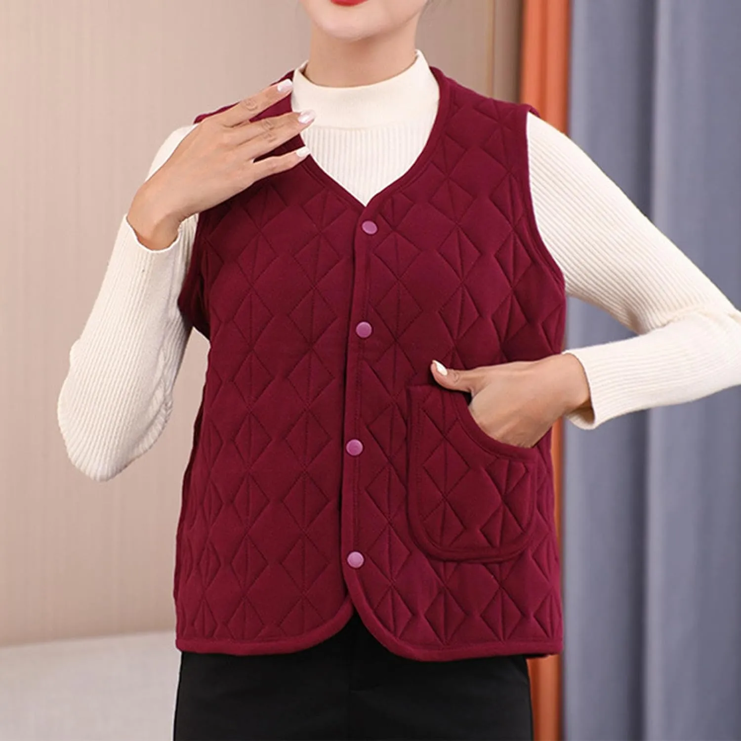 Quilted Puffer Vest for Women Button Down V Neck Coats Casual Sleeveless Padded Cotton Coats Warm Winter Gilet