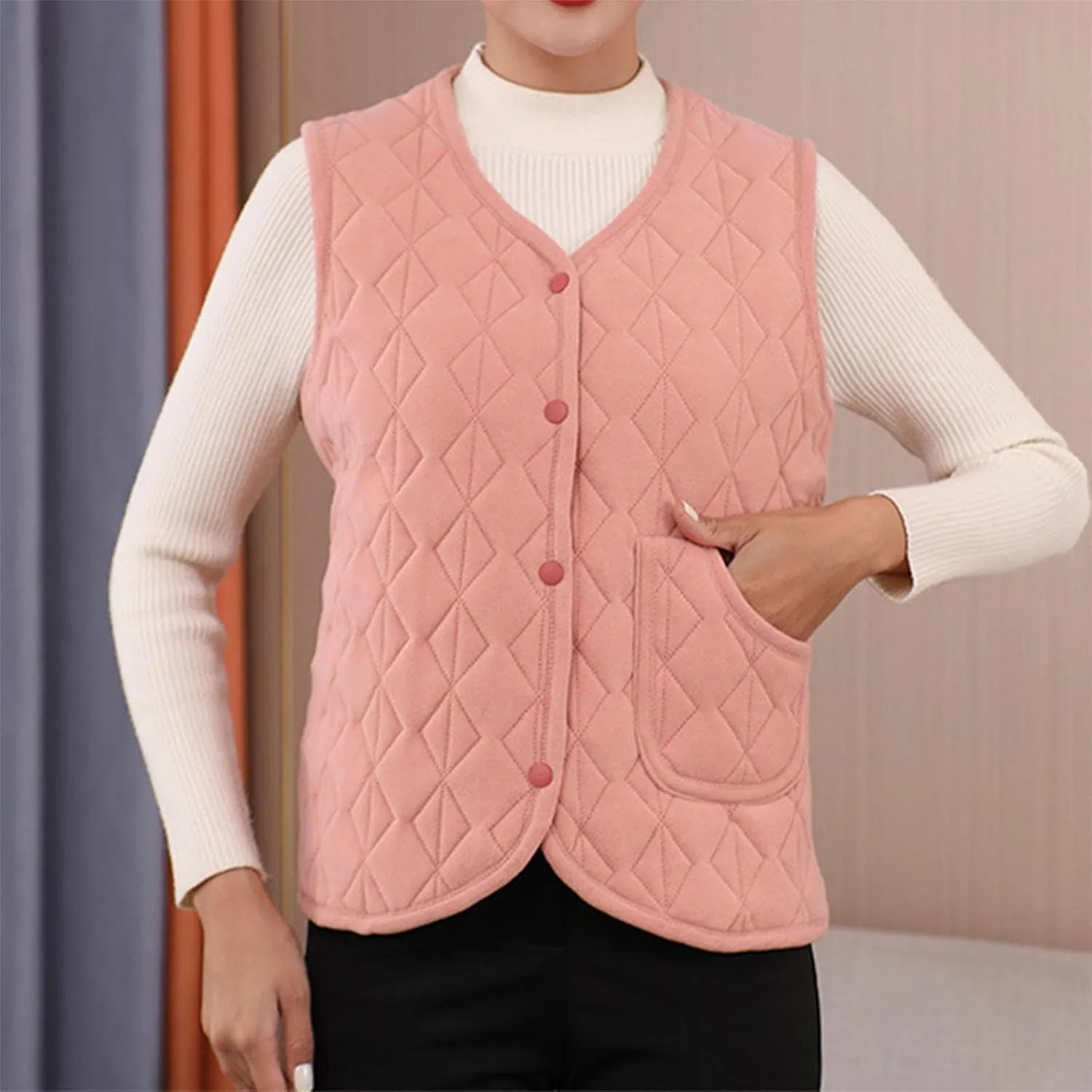 Quilted Puffer Vest for Women Button Down V Neck Coats Casual Sleeveless Padded Cotton Coats Warm Winter Gilet