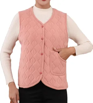Quilted Puffer Vest for Women Button Down V Neck Coats Casual Sleeveless Padded Cotton Coats Warm Winter Gilet