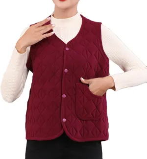Quilted Puffer Vest for Women Button Down V Neck Coats Casual Sleeveless Padded Cotton Coats Warm Winter Gilet
