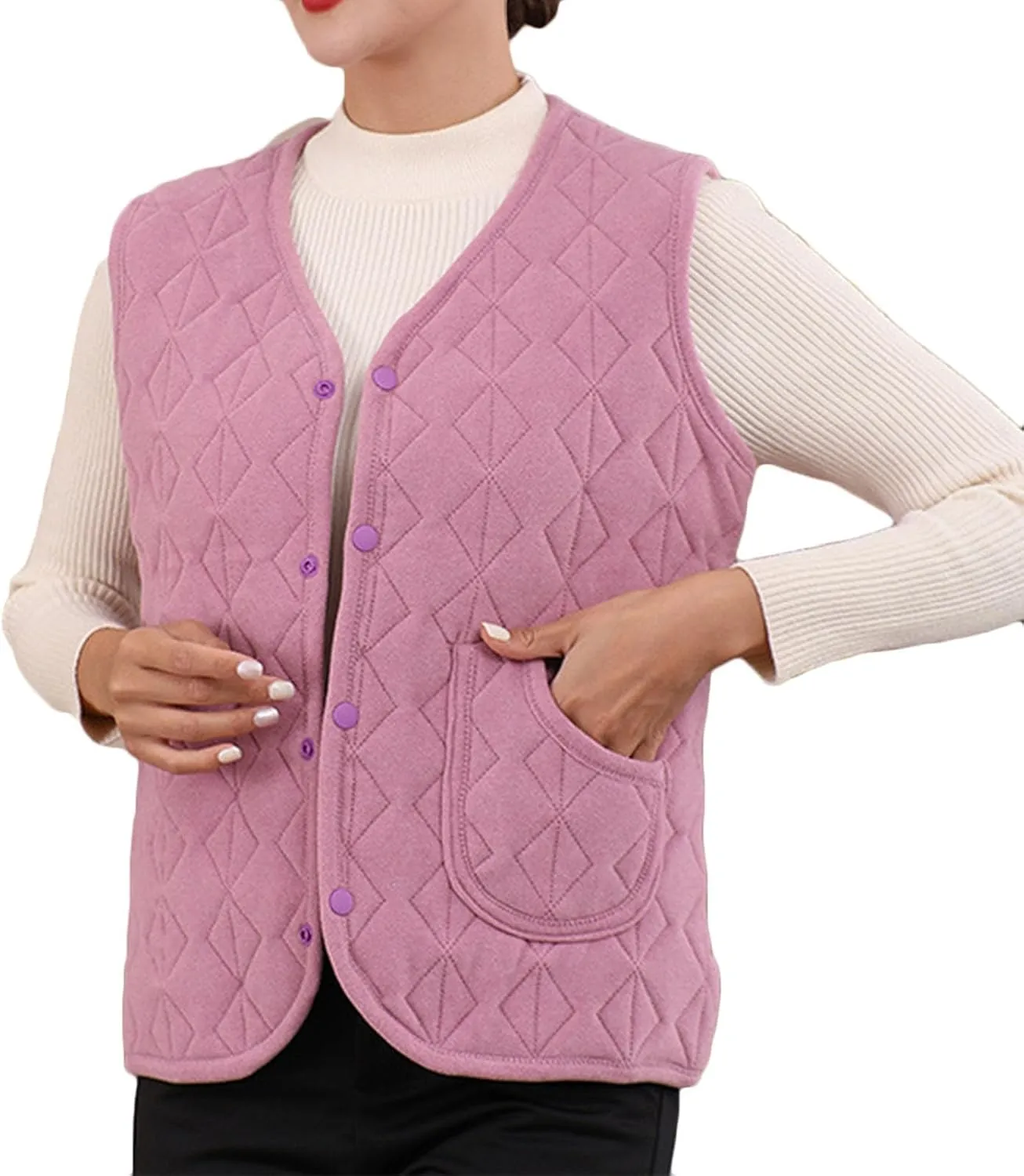 Quilted Puffer Vest for Women Button Down V Neck Coats Casual Sleeveless Padded Cotton Coats Warm Winter Gilet